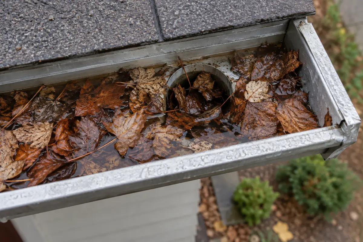 Wet leaves blocking an eavestrough outlet