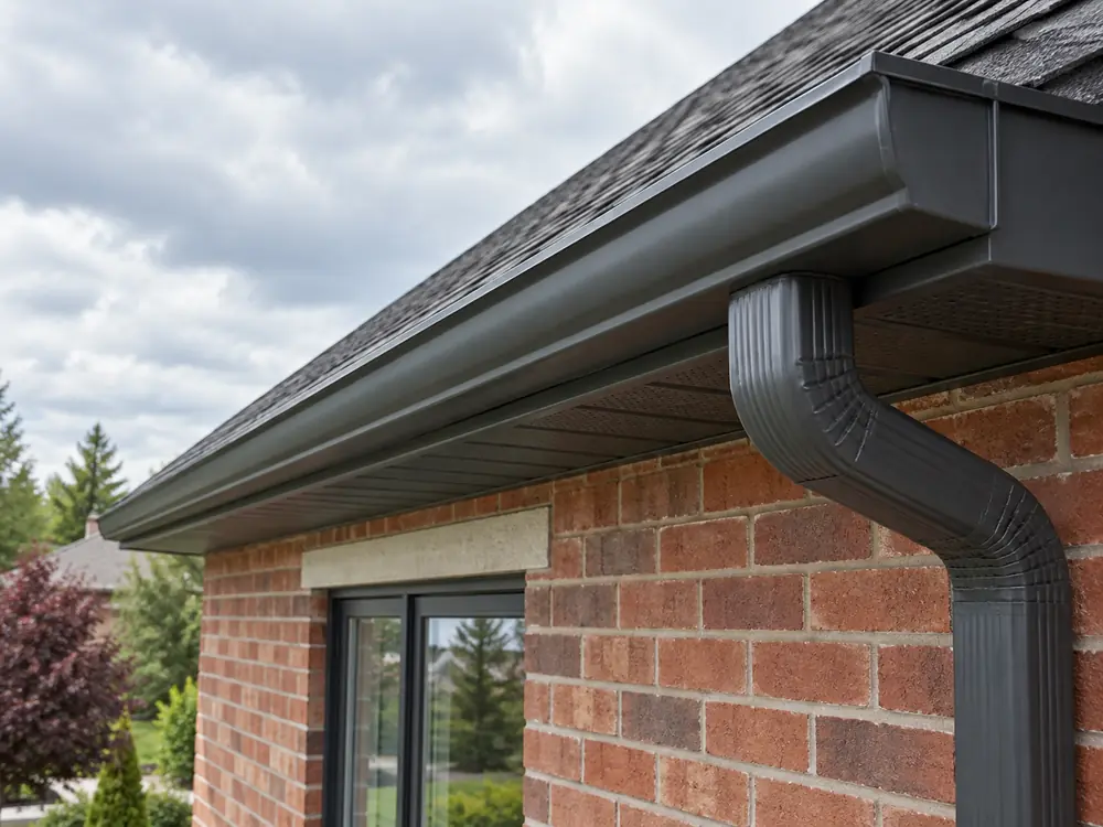 Charcoal aluminum eavestrough coordinated with red brick