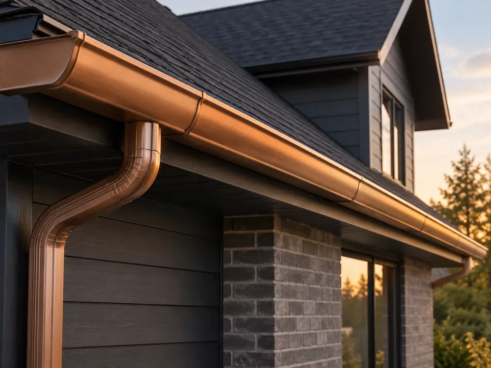 Copper-tone aluminum eavestrough along a dark roof edge