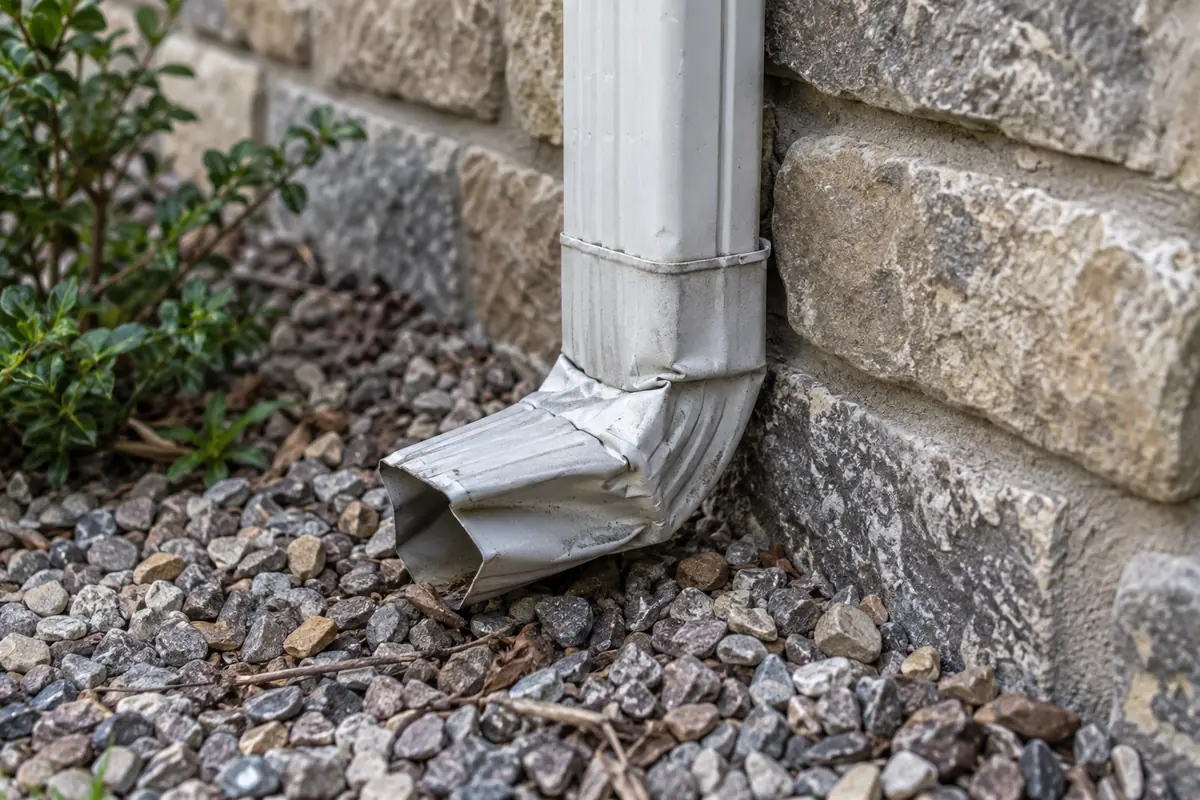 Crushed lower downspout elbow beside an exterior wall