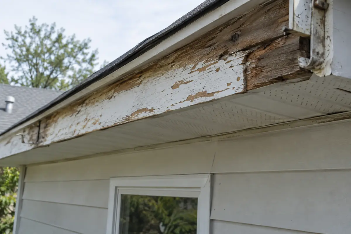 Deteriorated wood fascia exposed at a roof edge