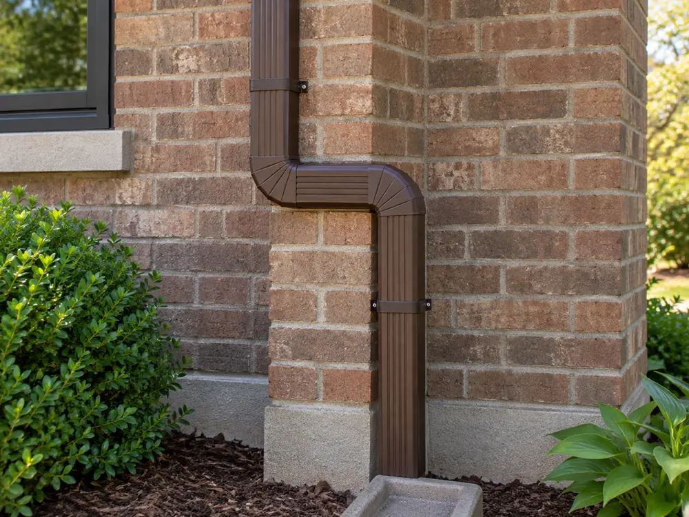 Downspout elbows routed around a shallow wall projection