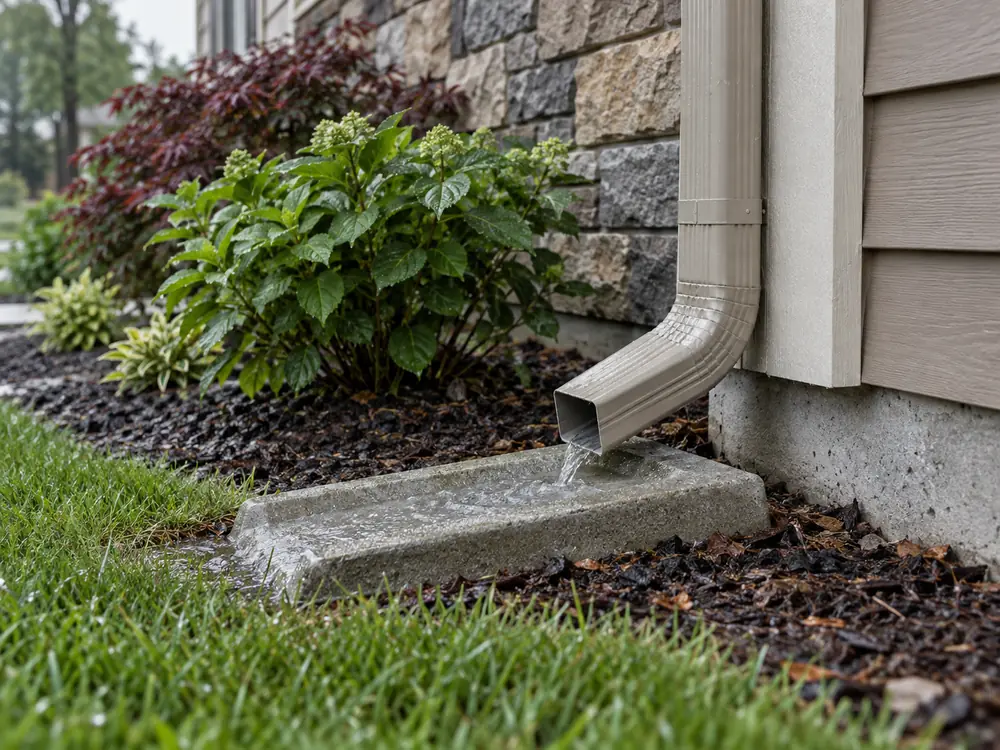 Downspout extension ending over a splash block
