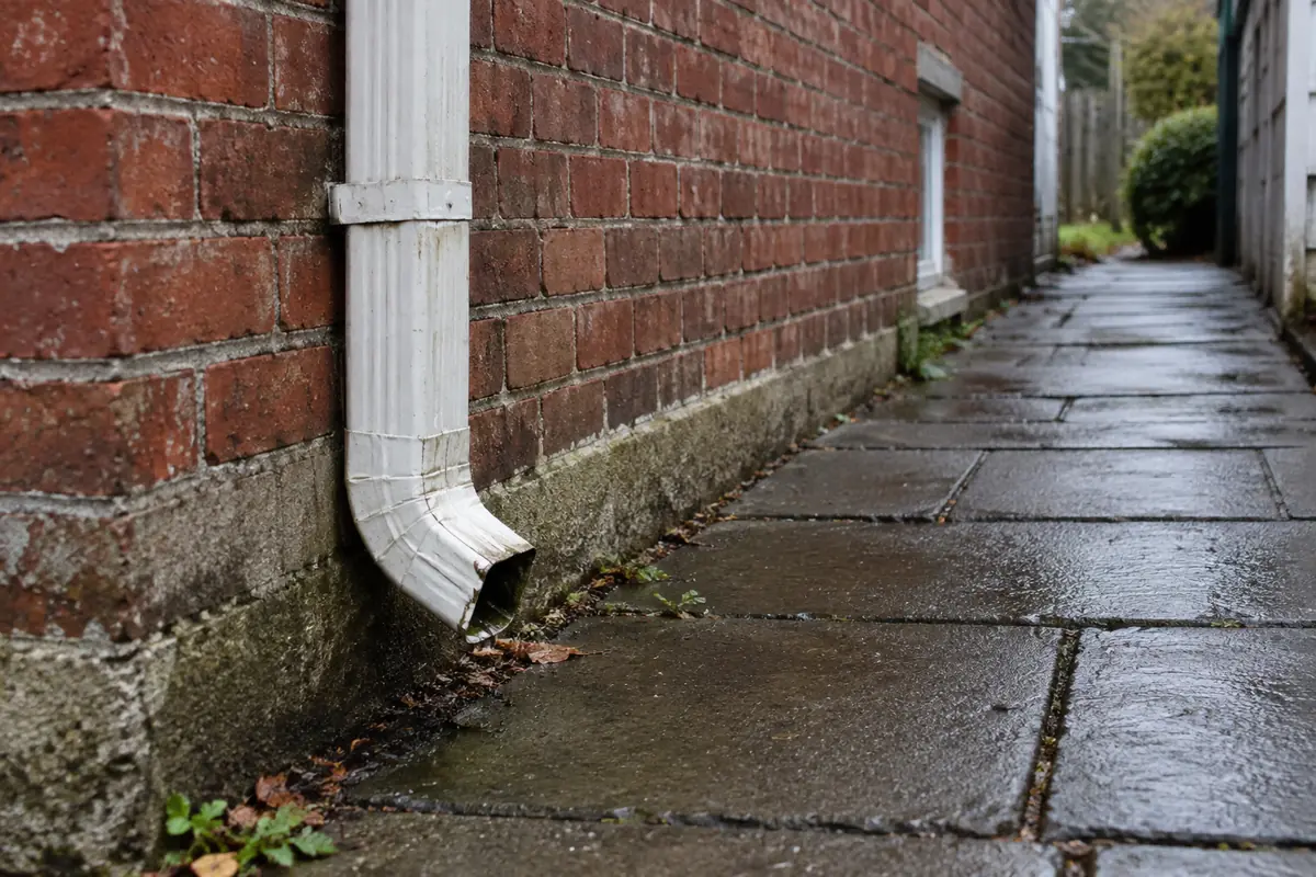 Short downspout outlet beside a wall and walkway