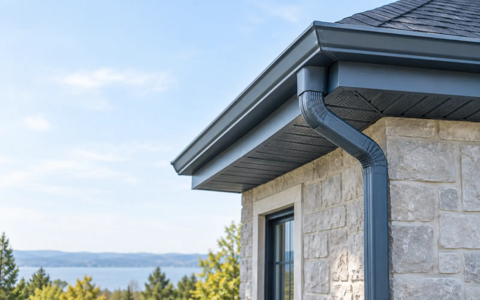 Eavestrough outlet, downspout, soffit and fascia at a roof corner
