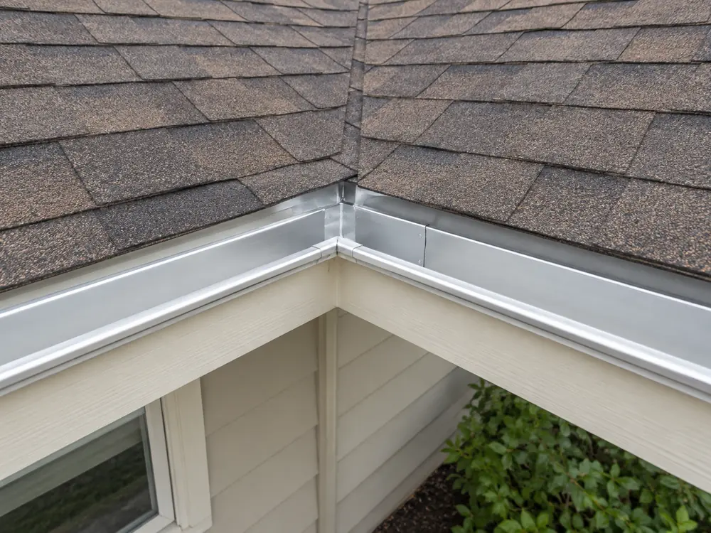 Inside gutter corner below intersecting roof sections