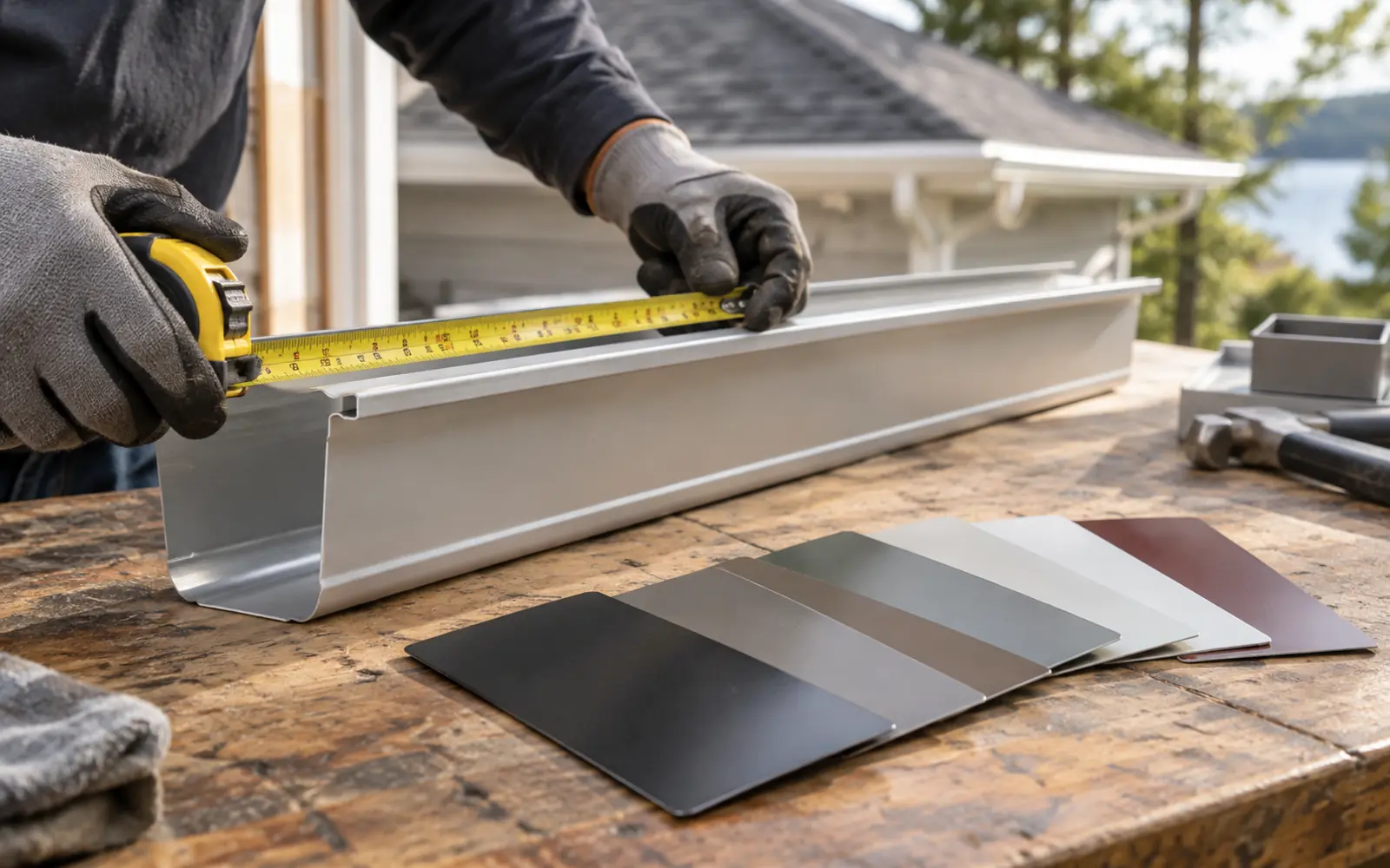 Aluminum eavestrough profile measured beside colour samples