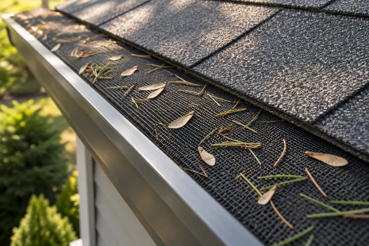 Fine tree debris resting on a micro-mesh gutter guard
