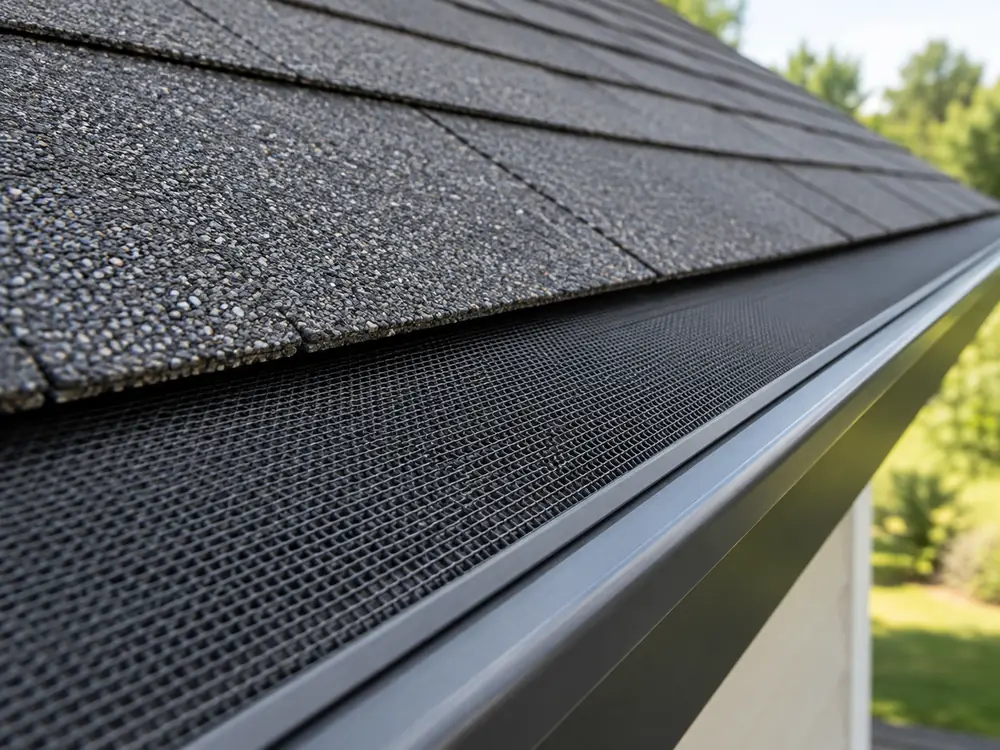 Micro-mesh gutter guard fitted below asphalt shingles