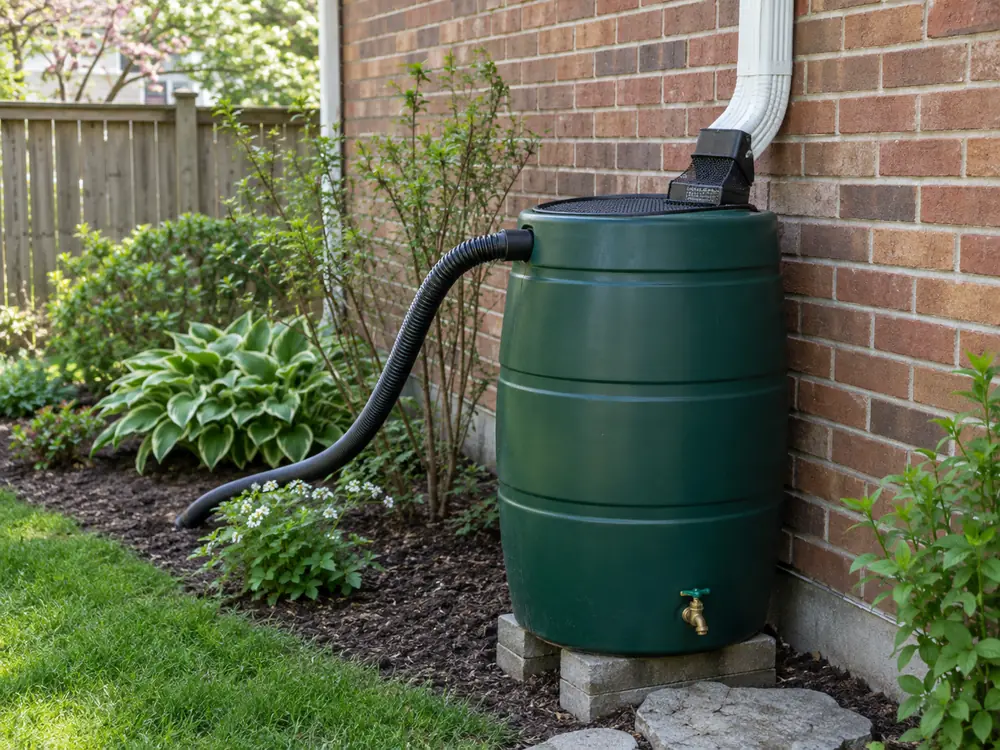 Rain barrel connected to a downspout with an overflow hose