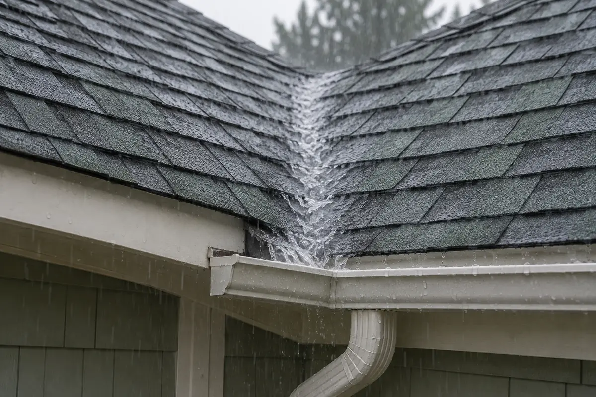 Roof valley directing rain toward a short eavestrough section