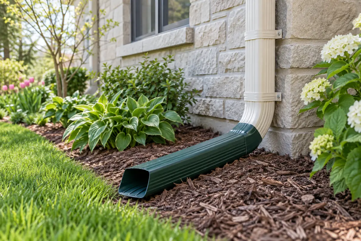 Clear downspout outlet and extension viewed from ground level