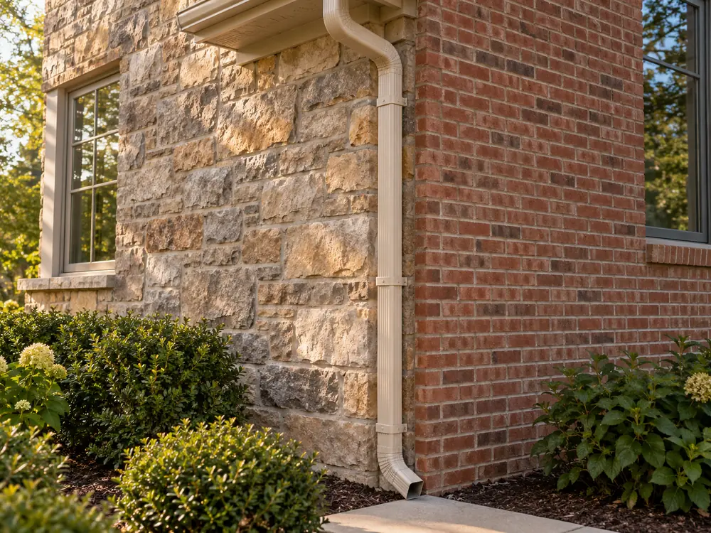 Tan downspout routed across stone and brick finishes