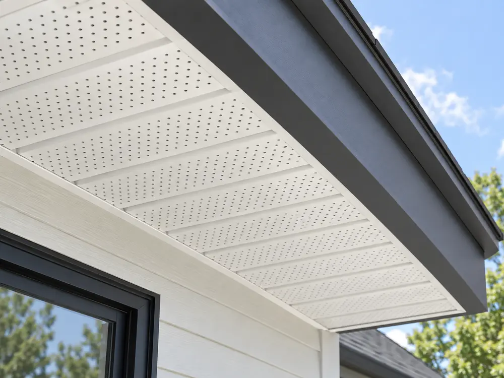 Vented soffit below contrasting fascia and eavestrough