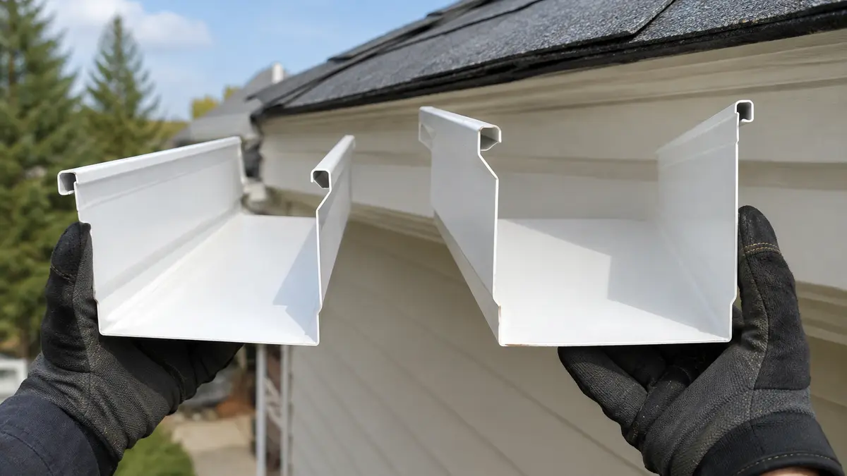 Five-inch and six-inch aluminum eavestrough profiles compared side by side