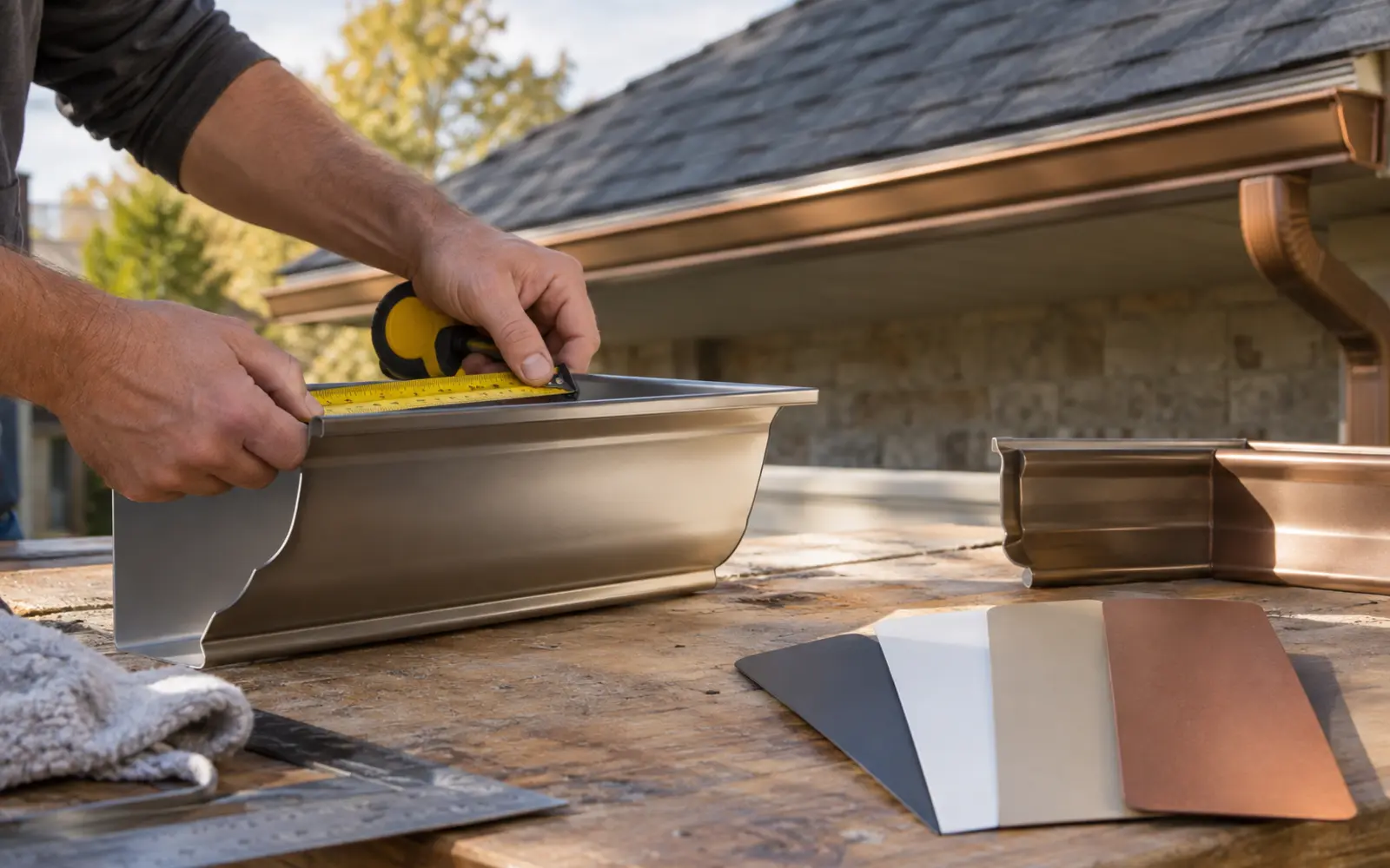 Aluminum eavestrough profile being measured beside colour samples