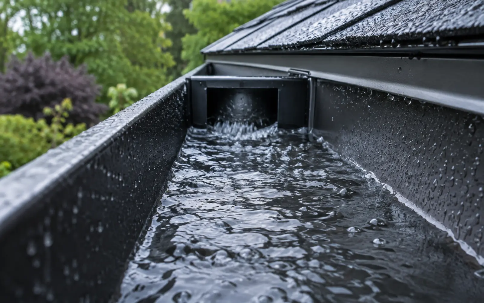 Rainwater flowing through a clean eavestrough toward an outlet