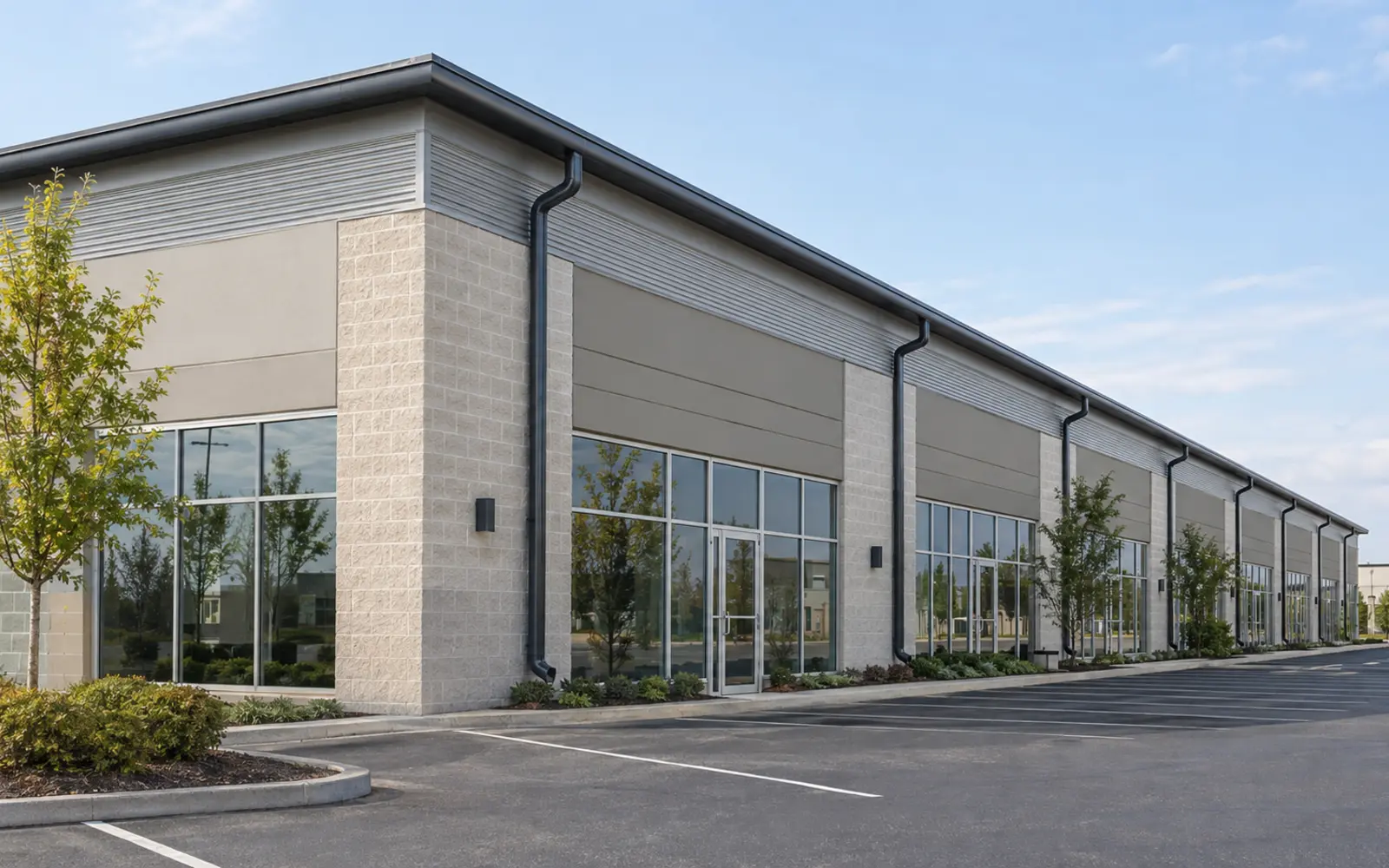 Low-rise Mississauga commercial property with exterior eavestroughs and downspouts