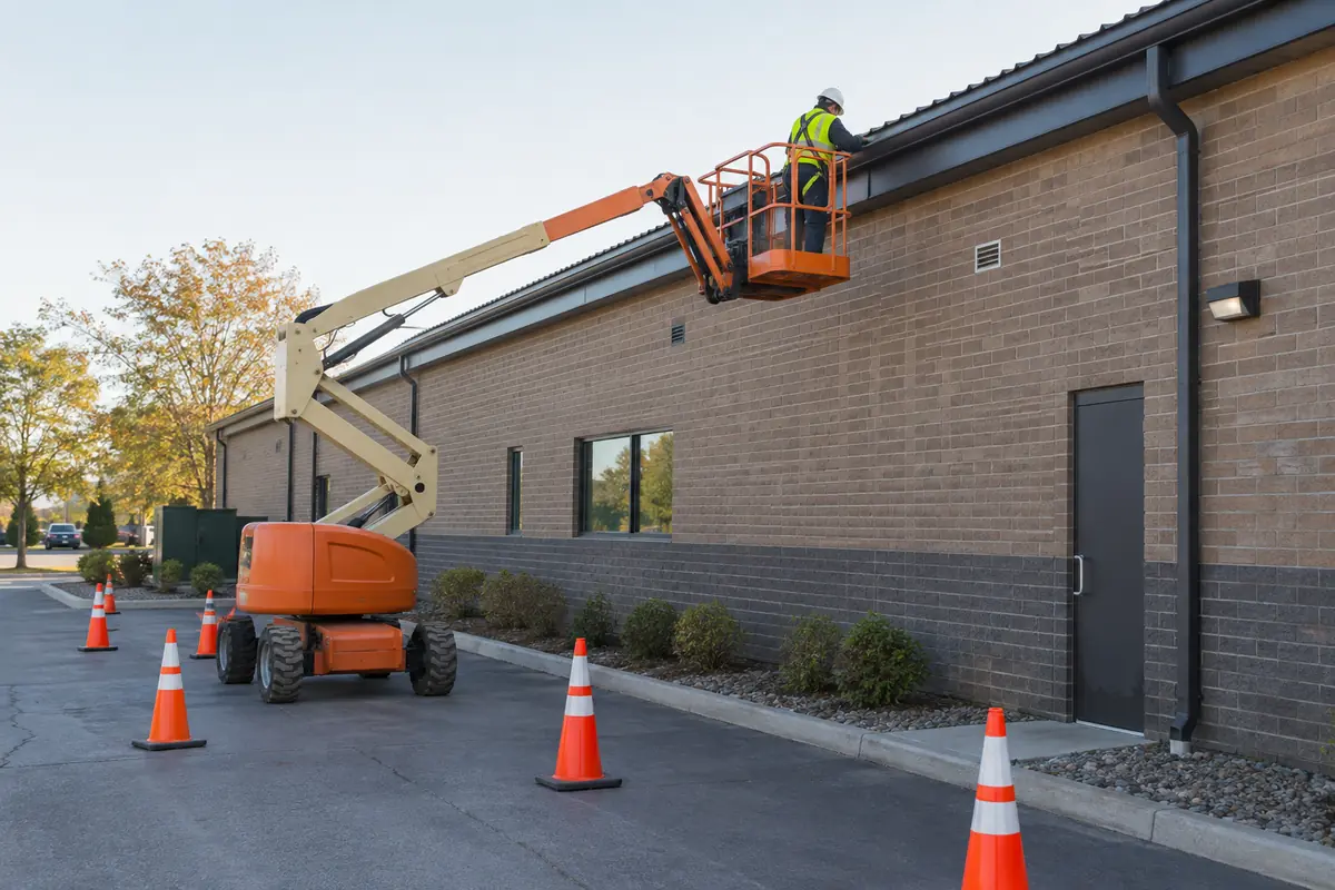 Elevated access being used for commercial eavestrough maintenance