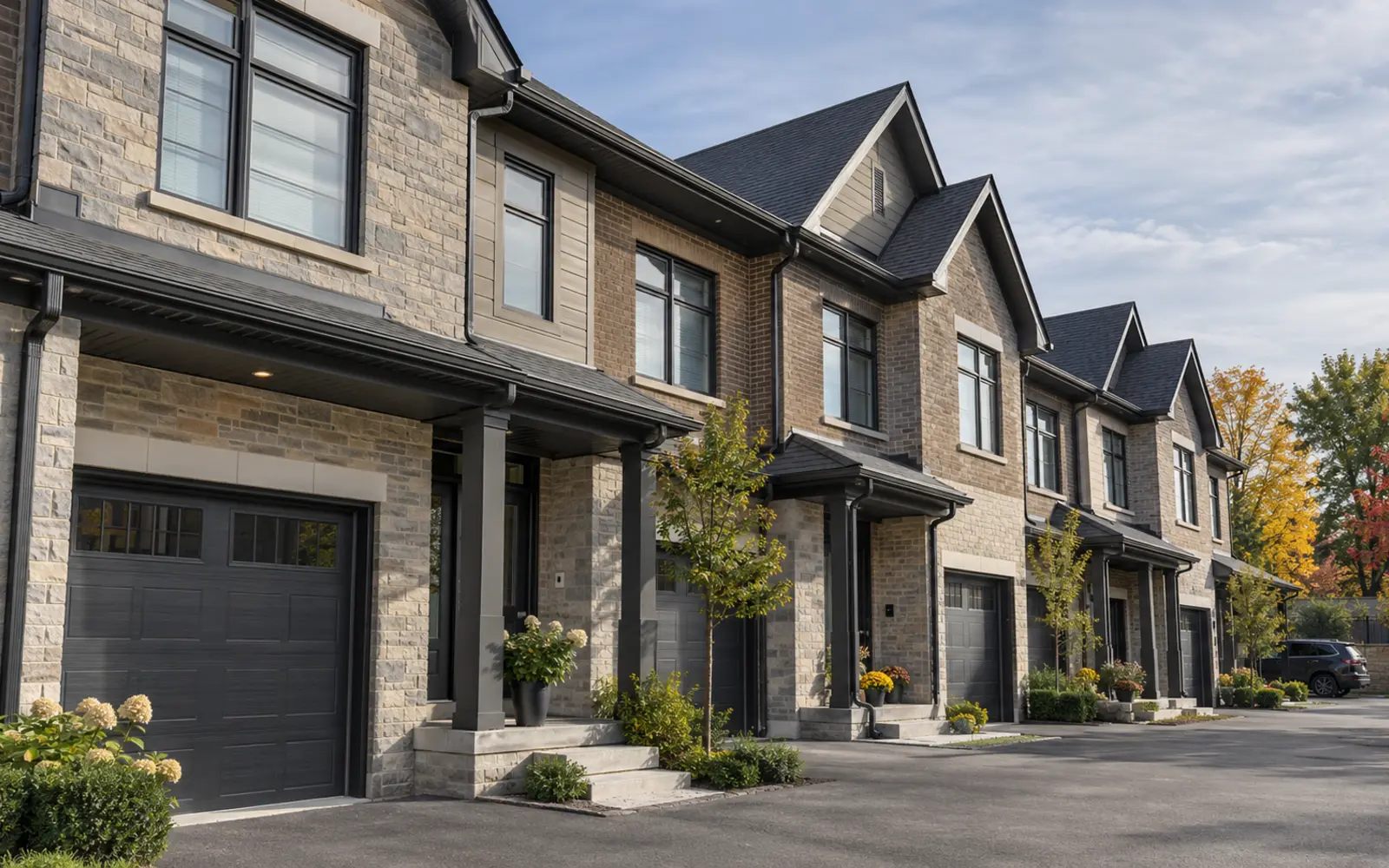 Consistent eavestrough and downspout systems across a Mississauga townhouse condominium row