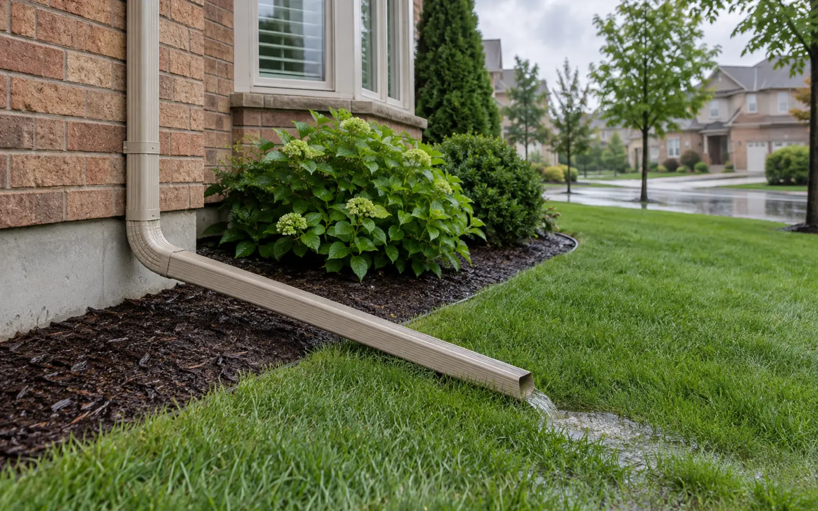 Downspout extension directing roof water over lawn away from a brick wall