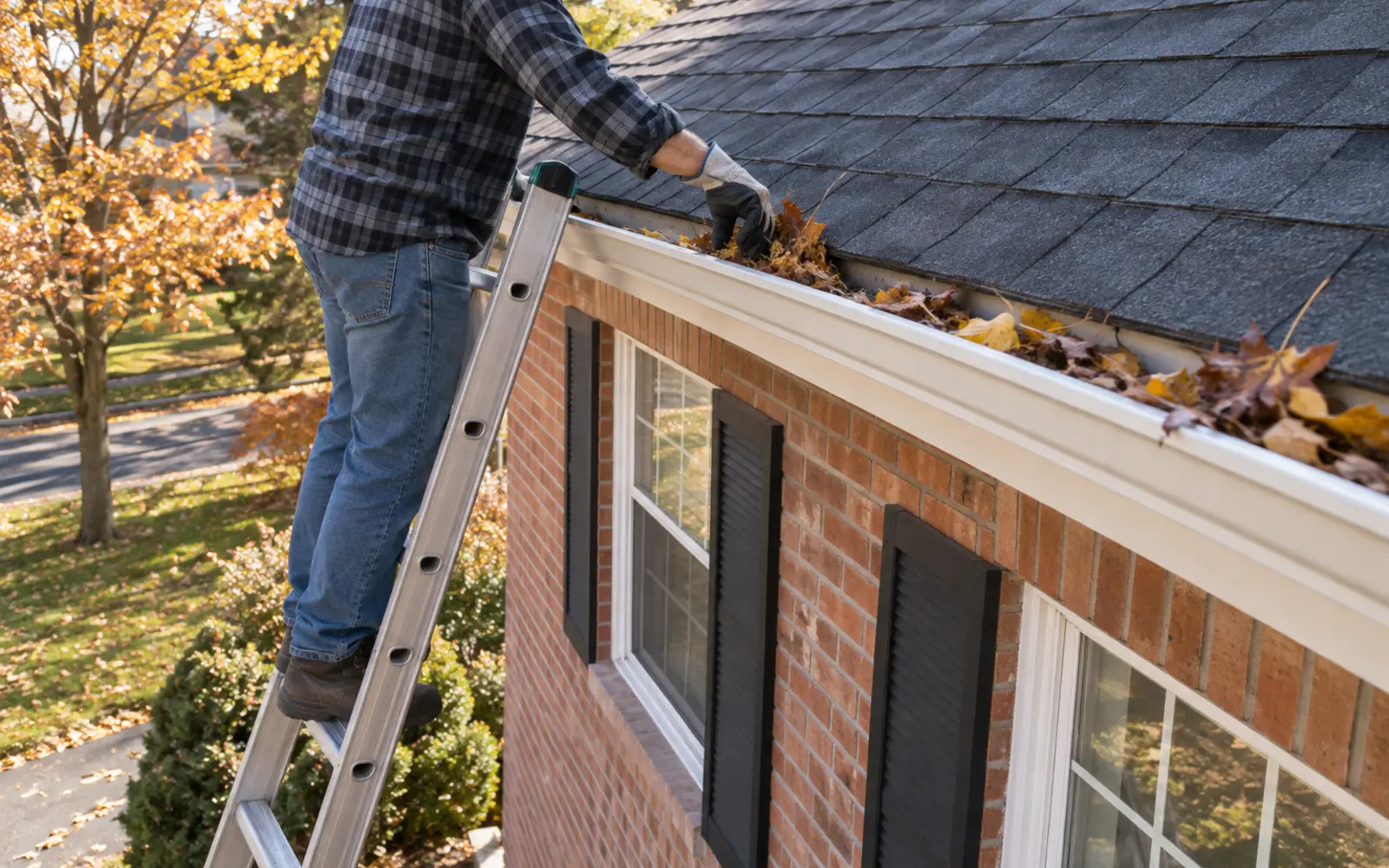Leaves being removed from a residential eavestrough