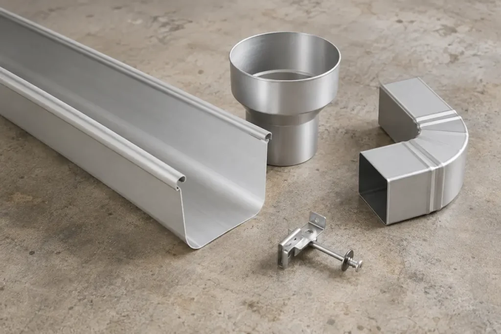 Aluminum eavestrough profile, outlet, elbow and fastener