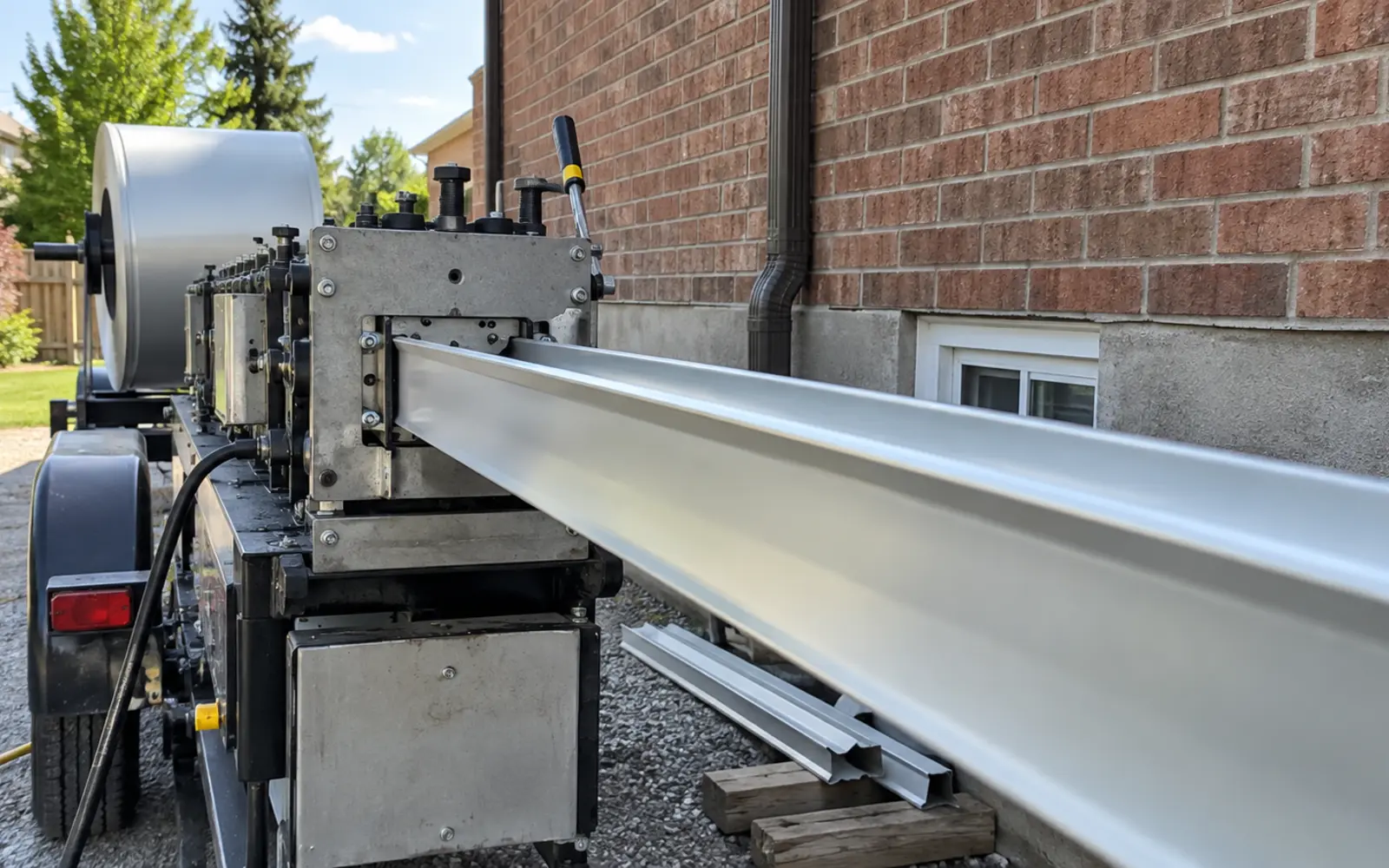 Seamless aluminum eavestrough being formed beside a brick home