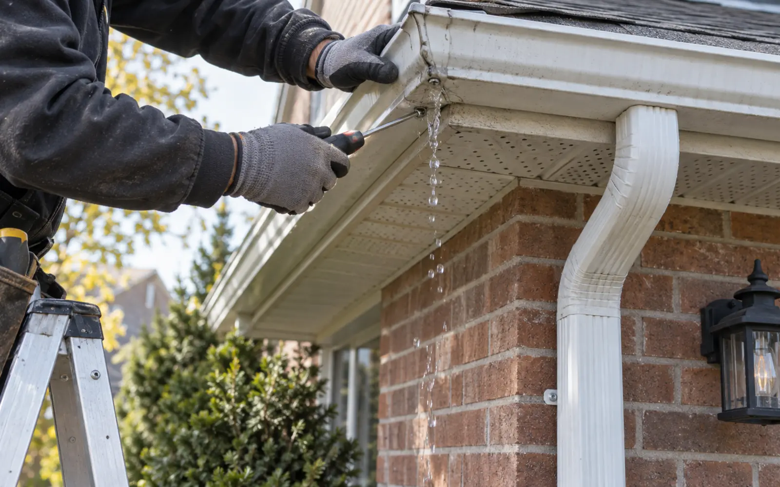 Technician repairing a leaking outside eavestrough corner