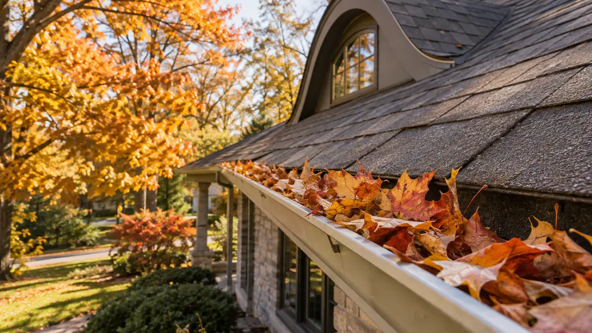 Autumn leaves collected in a residential eavestrough before seasonal cleaning