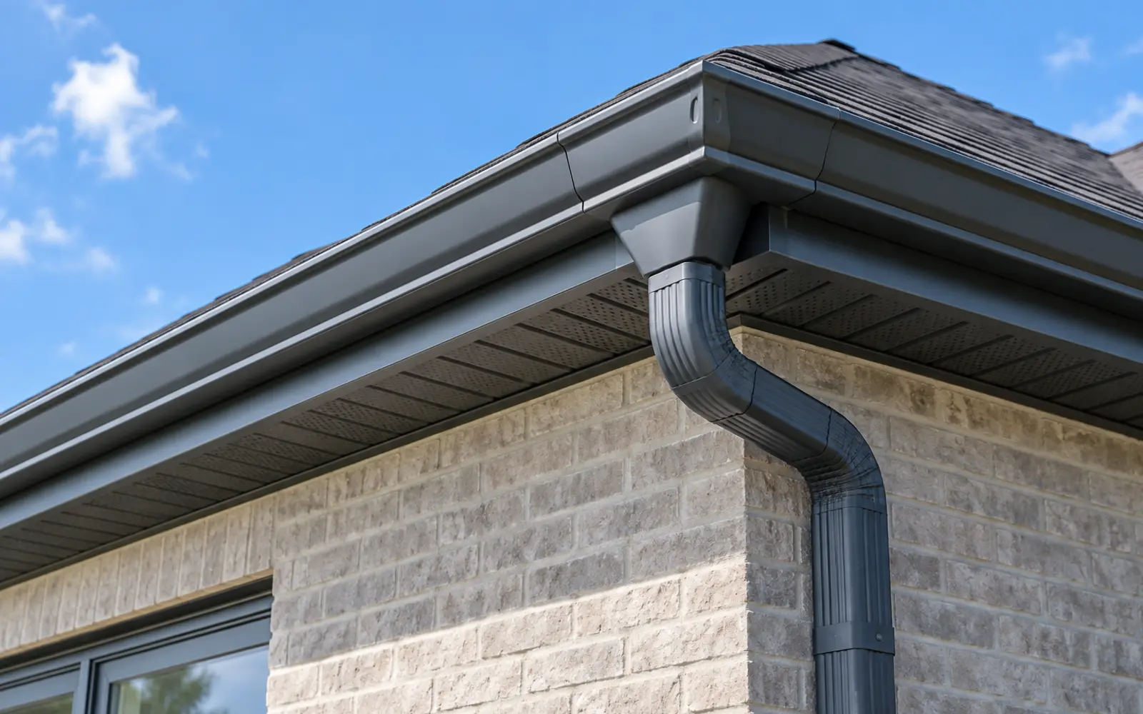 Eavestrough outlet, downspout, soffit and fascia at a clean roof corner