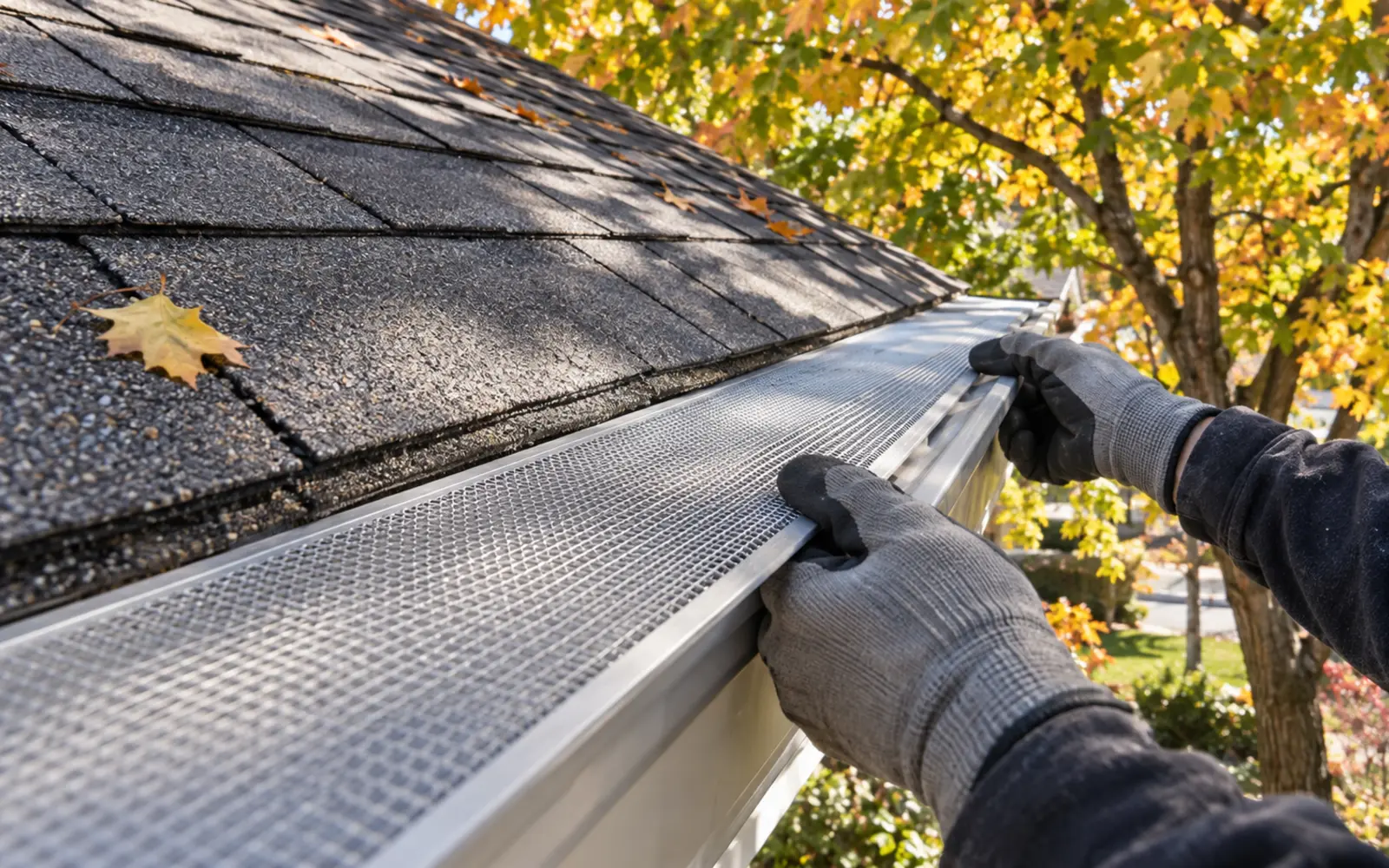 Micro-mesh leaf guard being fitted to a clean eavestrough