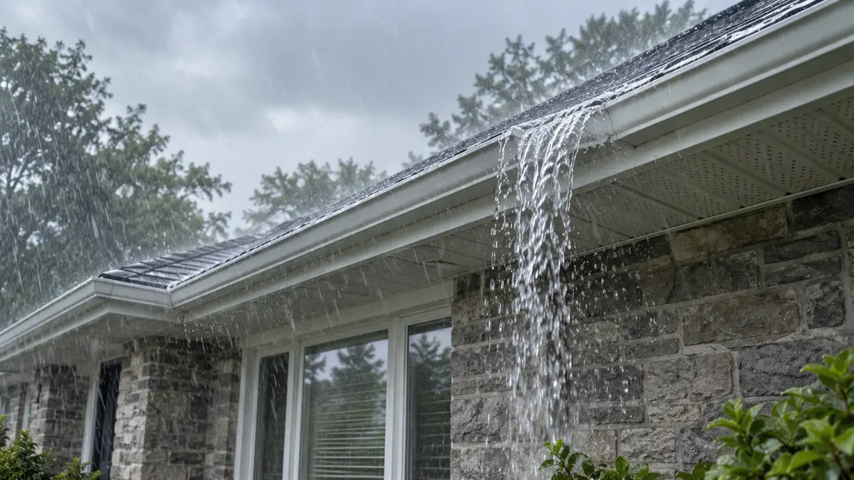 Rainwater overflowing below a residential roof valley during heavy rain