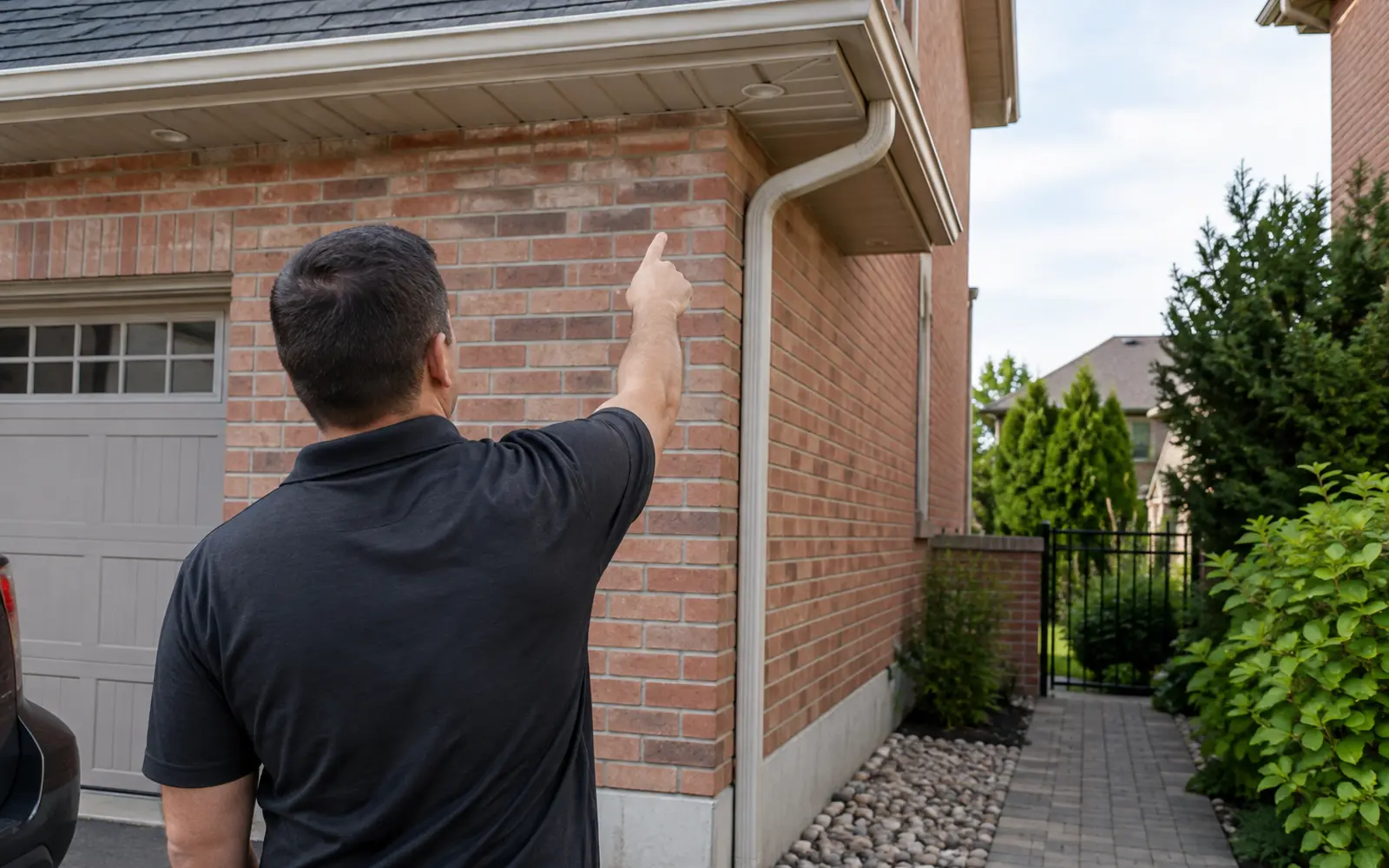 Residential roofline and downspout being reviewed from ground level