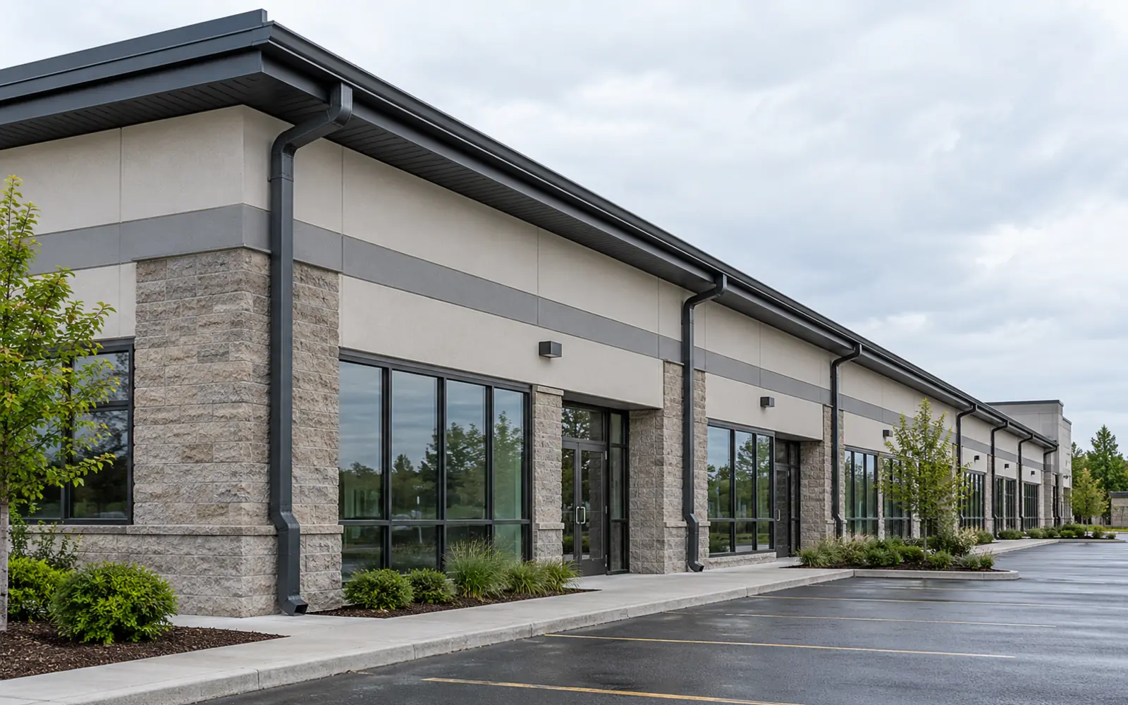 Low-rise Mississauga commercial building with a new exterior eavestrough and downspout system