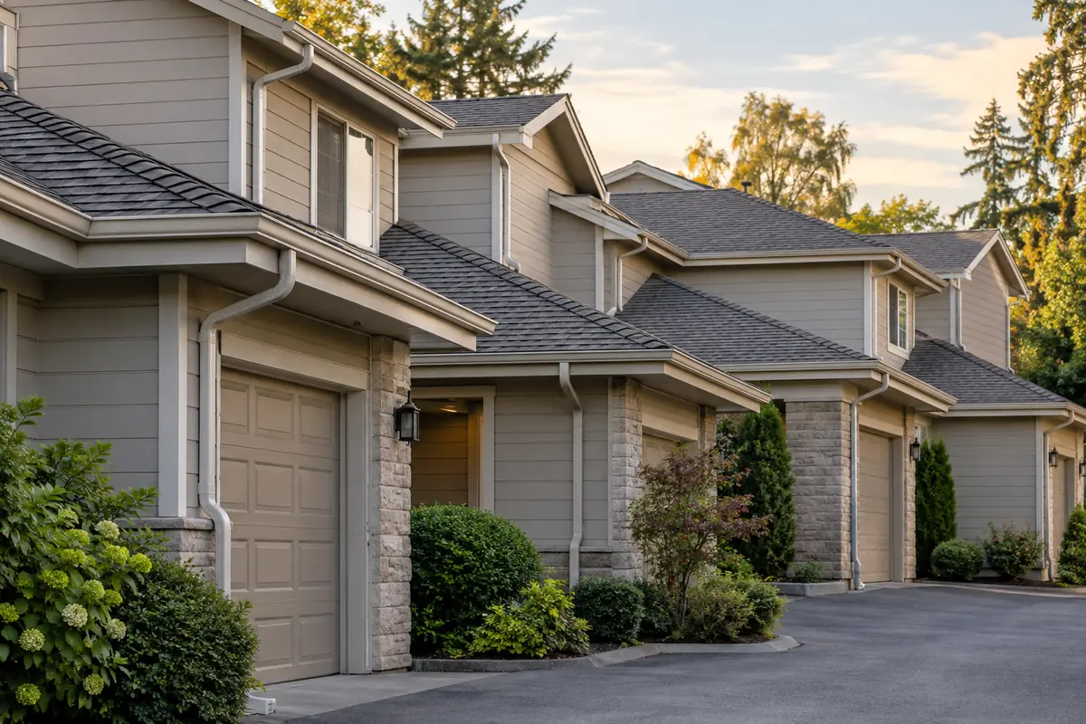 Multiple managed townhouse rooflines viewed from a shared driveway
