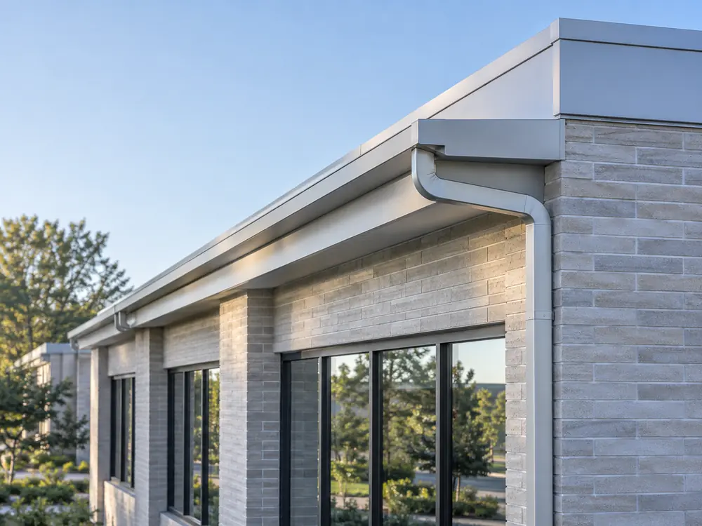 Low-rise office roofline with coordinated gutter, fascia capping and soffit