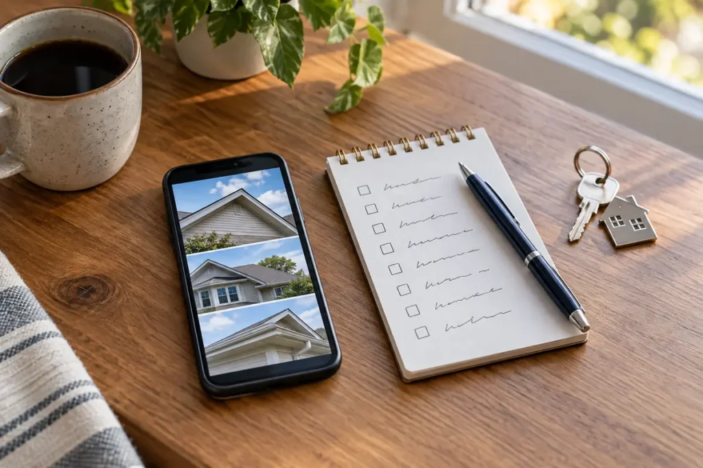 Property photos displayed beside a project information checklist