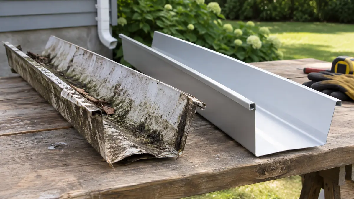 Weathered eavestrough section beside a new aluminum profile