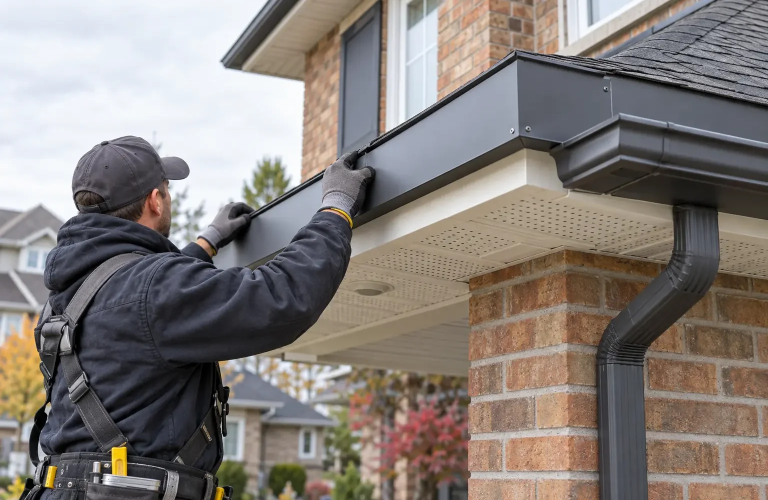Installer fitting charcoal aluminum fascia capping above vented soffit on a Mississauga brick home