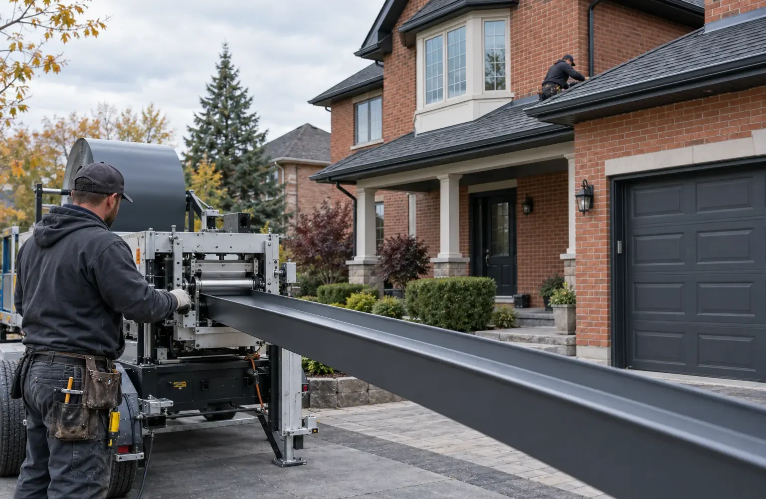 Technician forming a continuous charcoal aluminum eavestrough beside a Mississauga brick home