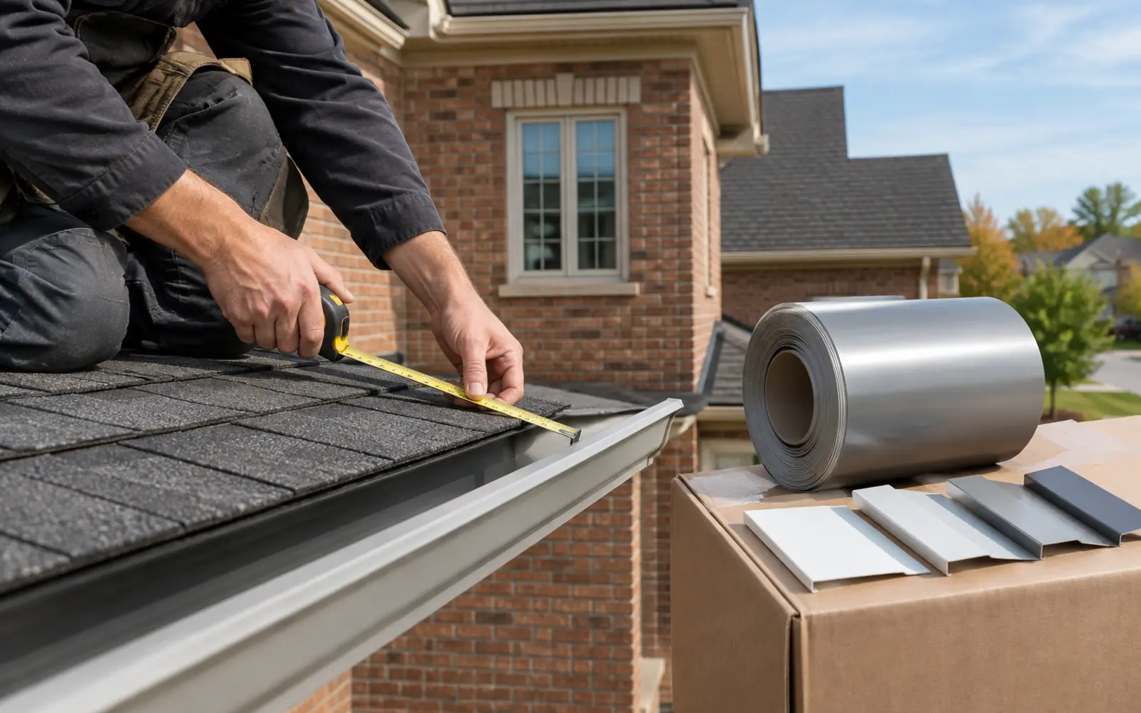 Roof edge being measured beside aluminum material and colour samples