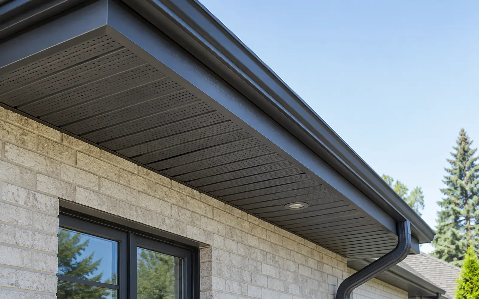 Dark eavestrough, fascia and vented soffit on a light brick home